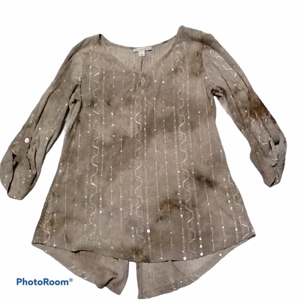 Established 1962 Boho Tie Dye Sequin Tan Tunic Top